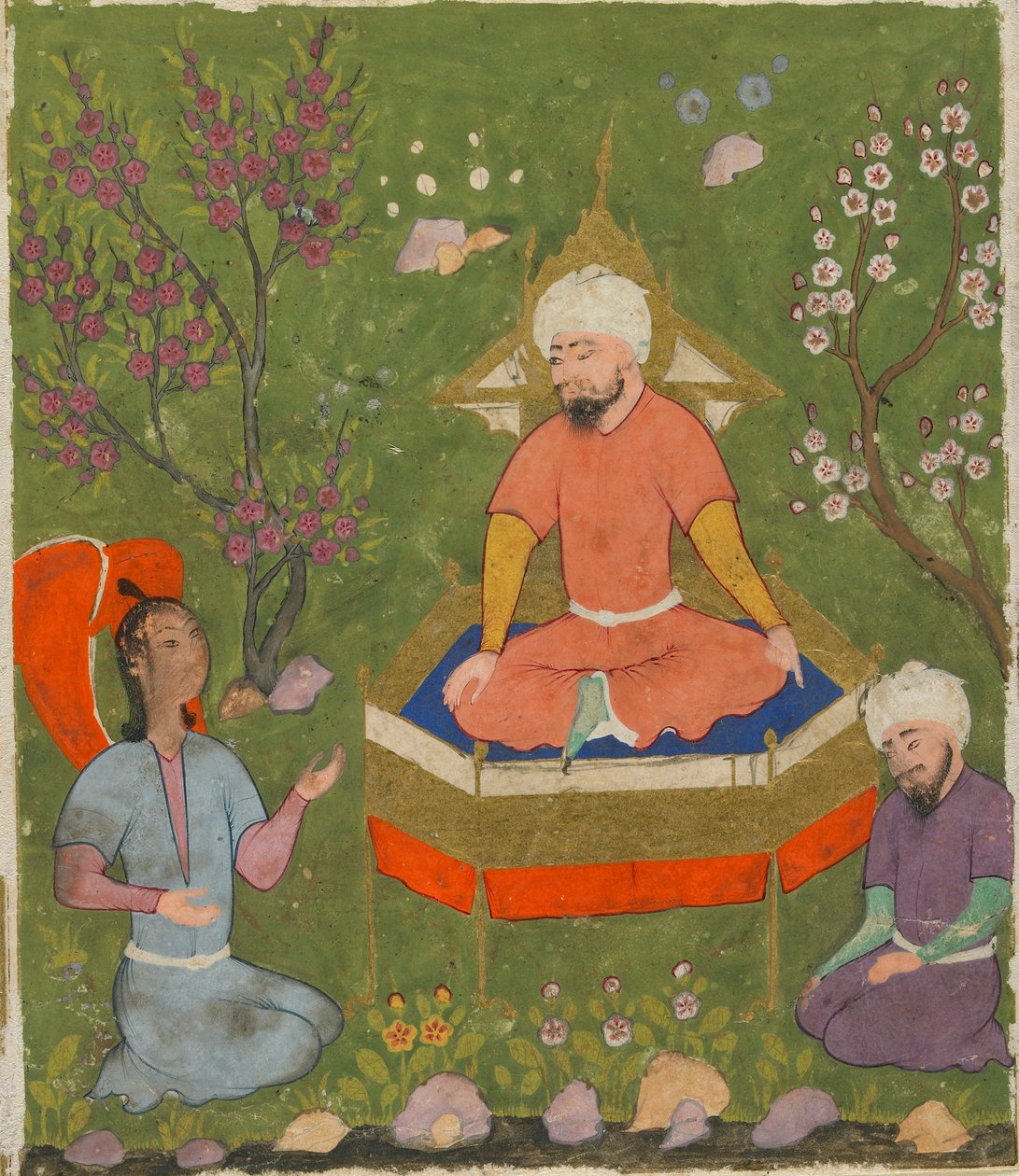 Folio z Ajaib al-Makhluqat (Cuda stworzenia) autorstwa al-Qazwini; prosto: Haloed Figure Enthroned, Qazwin, Iran, ok. 1590-1600 (nieprzezroczysta akwarela, tusz i złoto na papierze) autorstwa Persian School