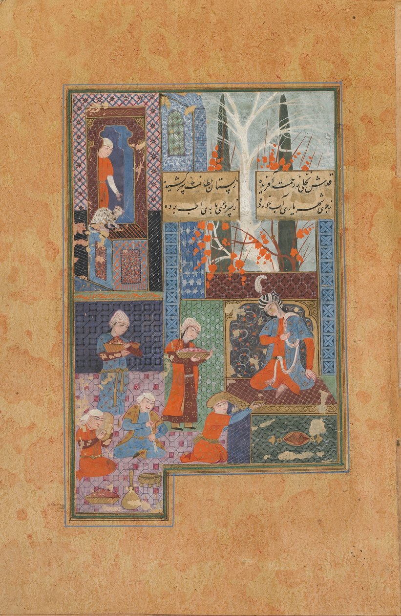Folio z Dywanu (wiersze zebrane) Jami (zm. 1492); Prince and Attendants (nieprzezroczysta akwarela, tusz i złoto na papierze) autorstwa Persian School