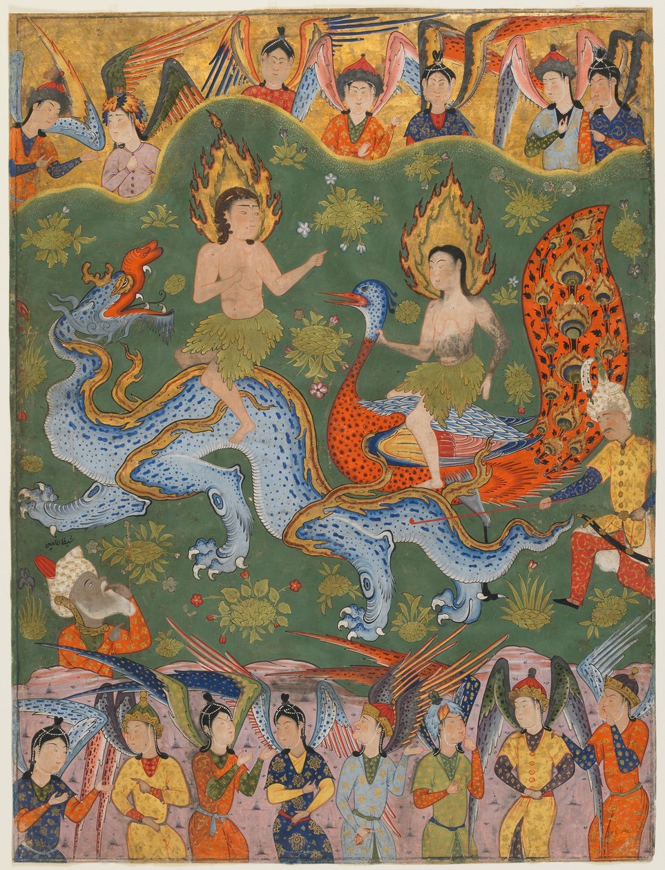 Folio z Falnamy (Księga Wróżb); verso: Wypędzenie Adama i Ewy, Qazvin, Iran, okres Safawidów, połowa 1550 (nieprzezroczysta akwarela, atrament i złoto na papierze) autorstwa Persian School