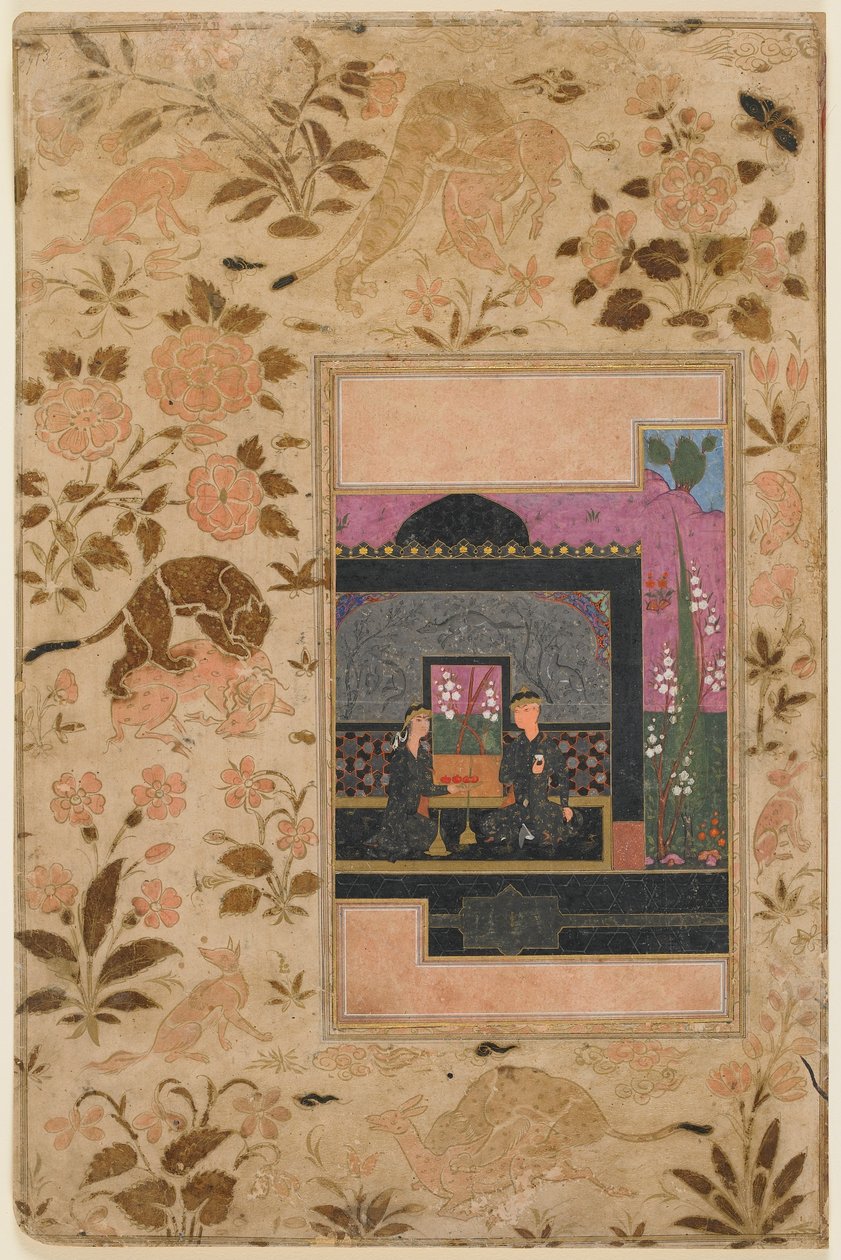 Folio z Paykar Haft; Bahram Gur i księżniczka w czarnym pawilonie, Qazwin, Iran, ok. 1590 (nieprzezroczysta akwarela, tusz i złoto na papierze) autorstwa Persian School
