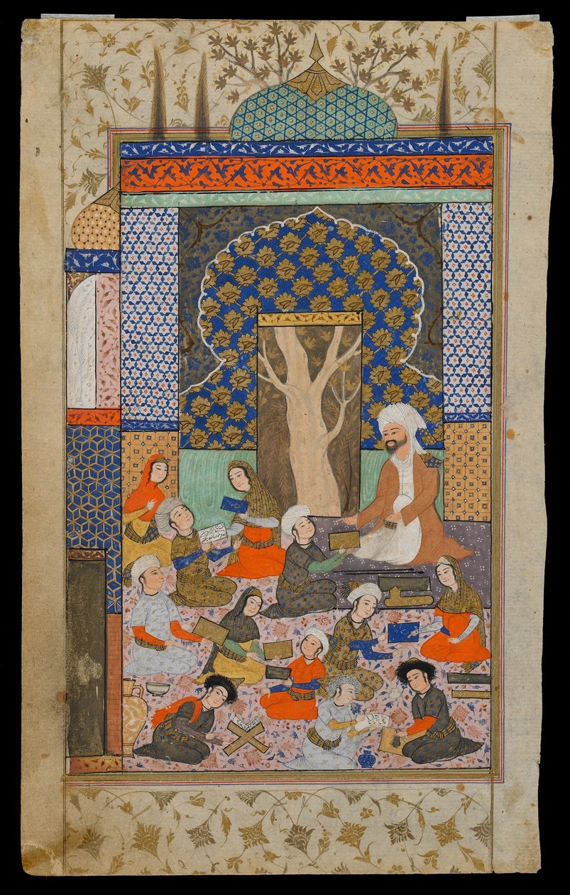 Folio z Khamsy (kwintetu) Nizami; prosto: Layla i Majnun w szkole, Iran, okres Safawidów, ok. 1600-10 (nieprzezroczysta akwarela, tusz i złoto na papierze) autorstwa Persian School