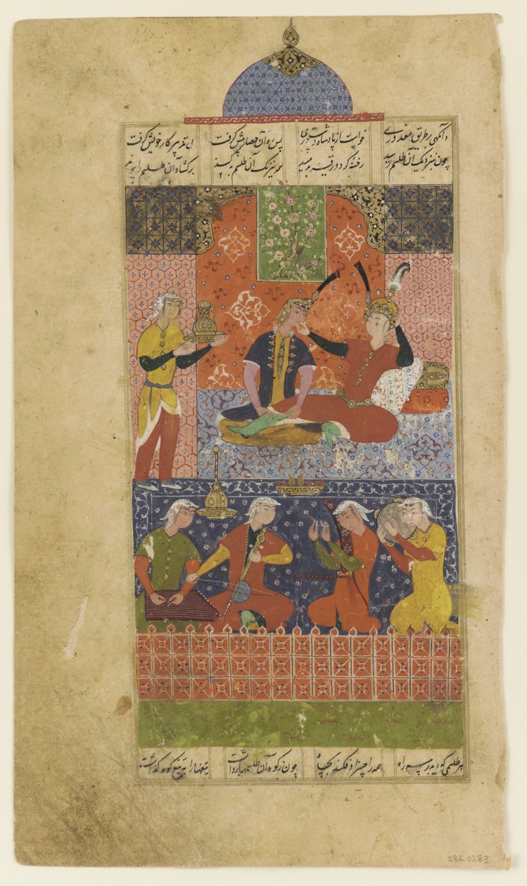 Folio z Khamsy: Bahram Gur i księżniczka w czerwonym pawilonie, ok. 1560 autorstwa Persian School