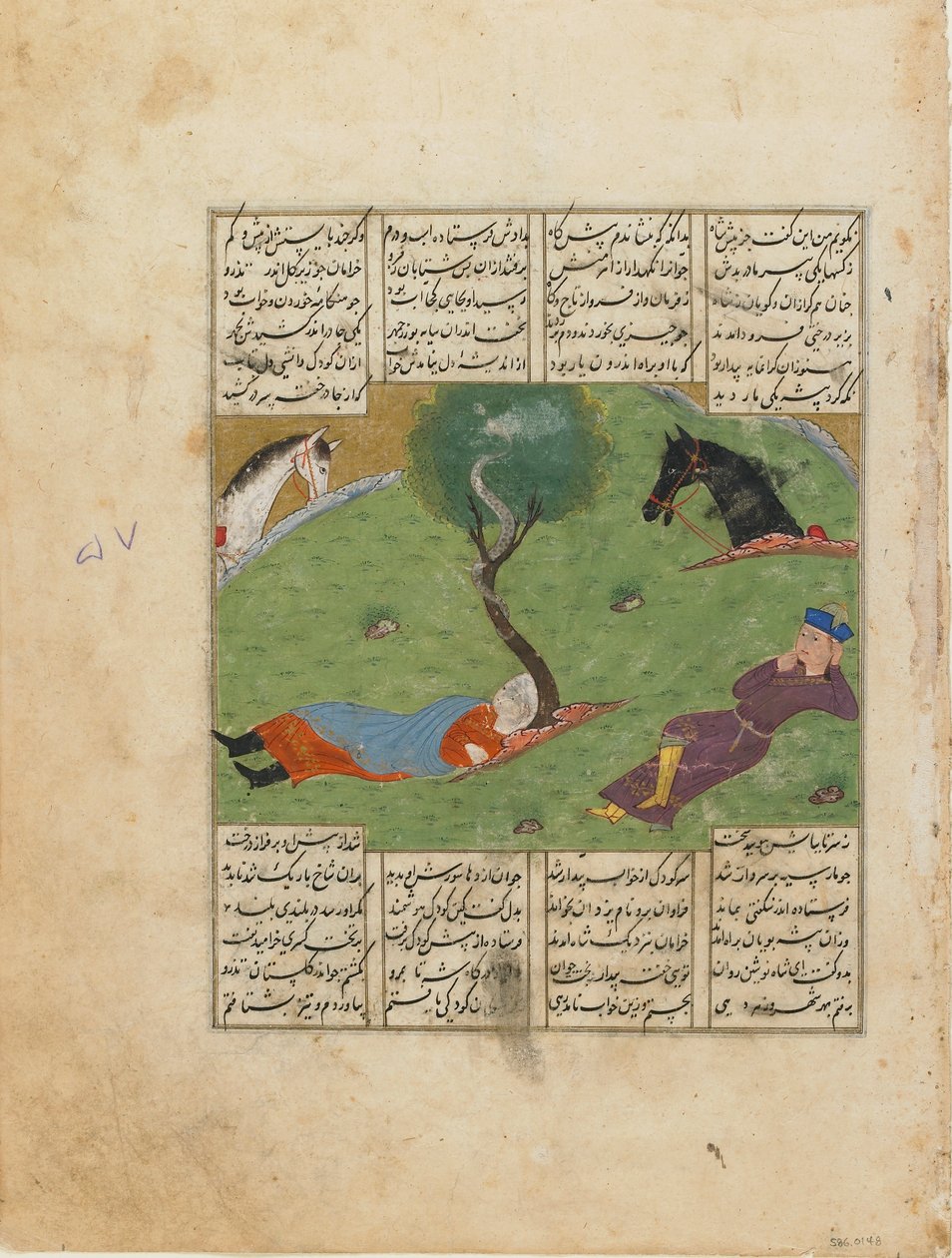 Folio z Shahnama (Księgi Królów) Firdawsiego (zm. 1020); prostokąt: Nushirwans Dream, Iran, ok. 1440 (nieprzezroczysta akwarela, tusz i złoto na papierze) autorstwa Persian School