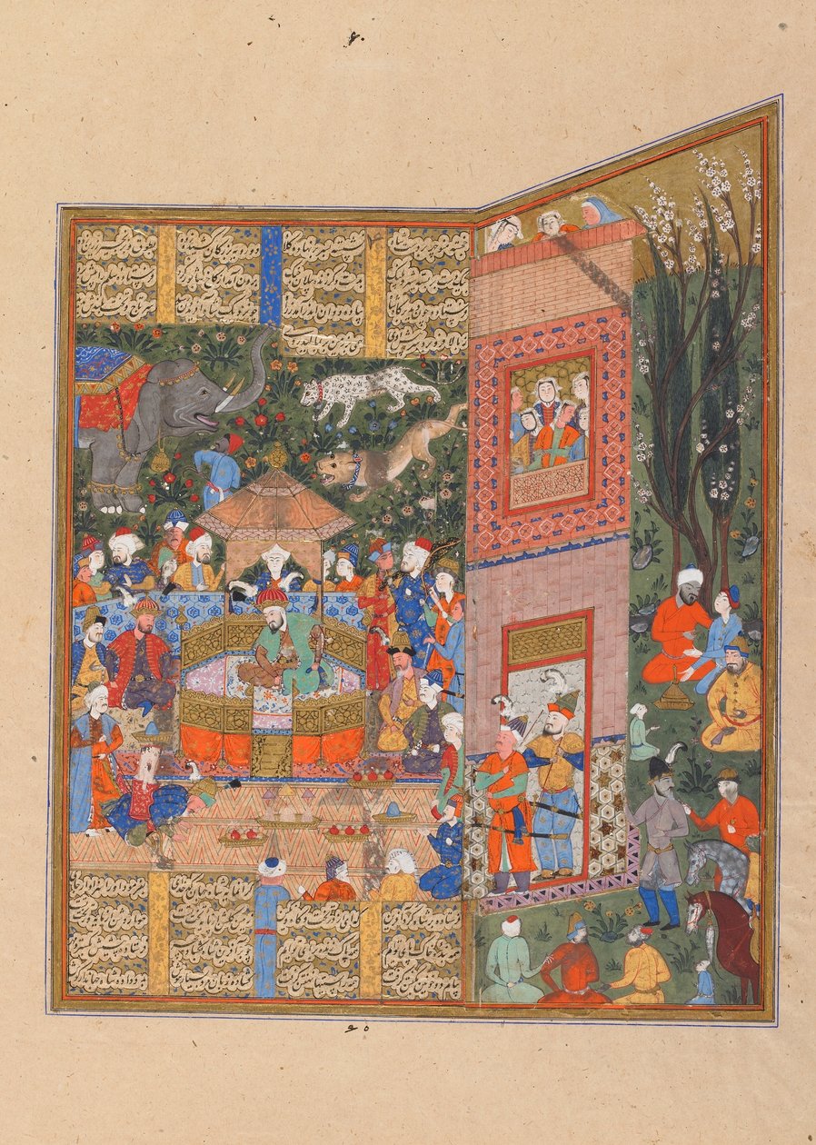 Folio z Shahnama (Księgi Królów) Firdawsiego (zm. 1020); verso: Wysłannicy Salma i Tura przed Faridun, Sziraz, Iran, okres Sarawidów, ok. 1560 (nieprzezroczysta akwarela, tusz i złoto na papierze) autorstwa Persian School
