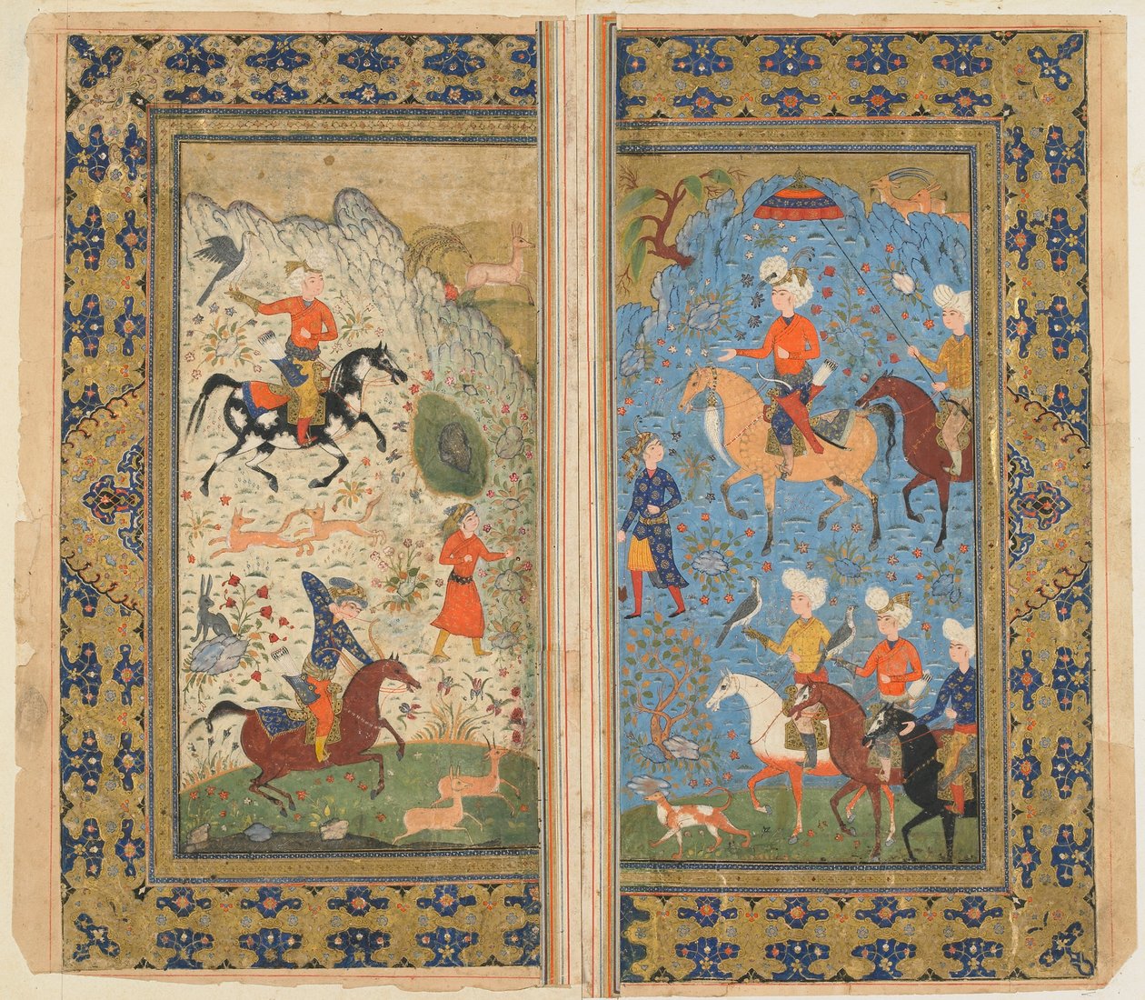 Folio z Shahnama (Księgi Królów) Firdawsiego; Królewskie polowanie, Iran, ok. 1590-1600 (nieprzezroczysta akwarela, tusz i złoto na papierze) autorstwa Persian School