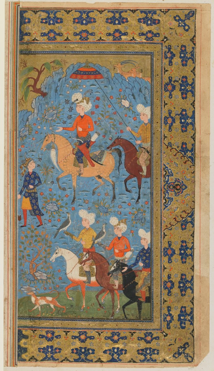 Folio z Shahnama (Księgi Królów) Firdawsiego; Królewskie polowanie, Iran, ok. 1590-1600 (nieprzezroczysta akwarela, tusz i złoto na papierze) autorstwa Persian School