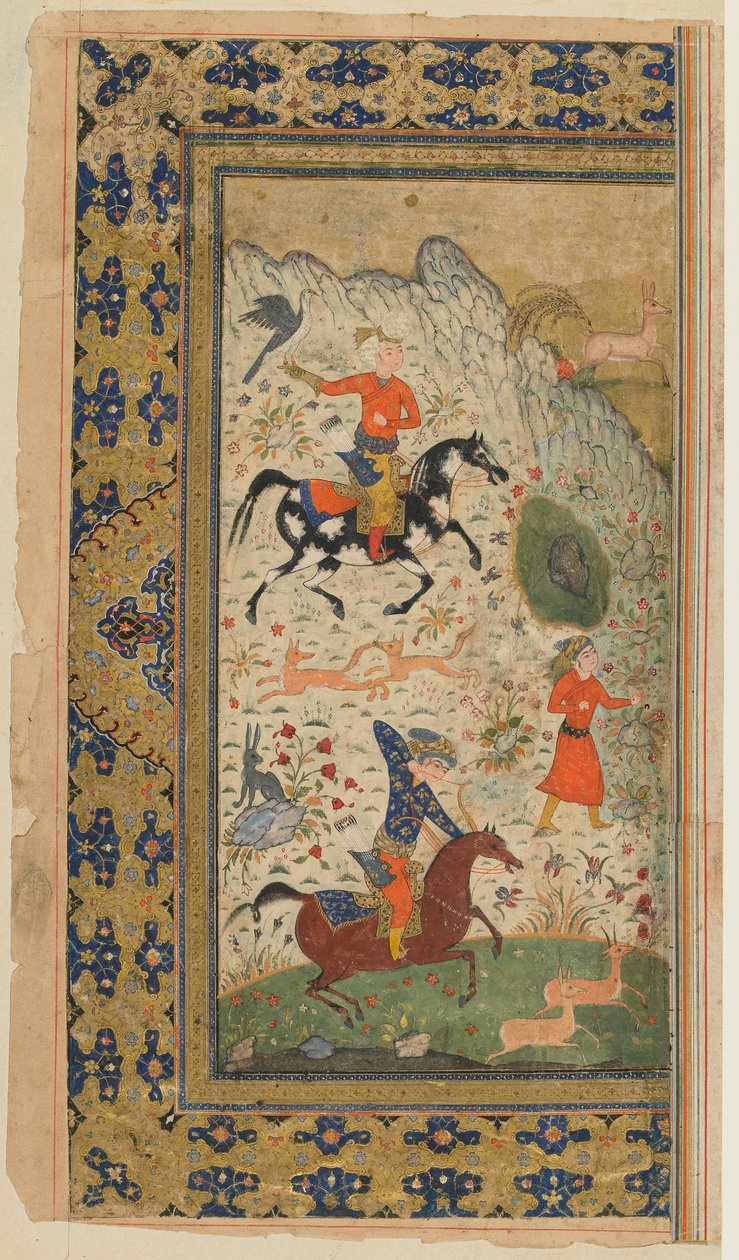 Folio z Shahnama (Księgi Królów) Firdawsiego; Królewskie polowanie, Iran, ok. 1590-1600 (nieprzezroczysta akwarela, tusz i złoto na papierze) autorstwa Persian School