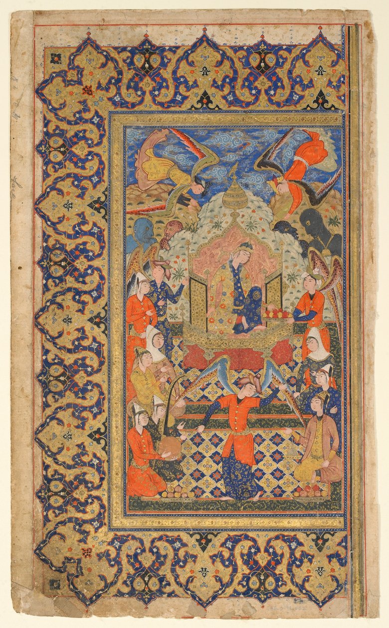 Folio z Shahnama (Księgi królów) Firdawsiego; prosto: Bilqis na tronie; verso: tekst przedmowy, Sziraz, Fars, Iran, okres Safawidów, ok. 1590-1600 (nieprzezroczysta akwarela, atrament i złoto na papierze) autorstwa Persian School