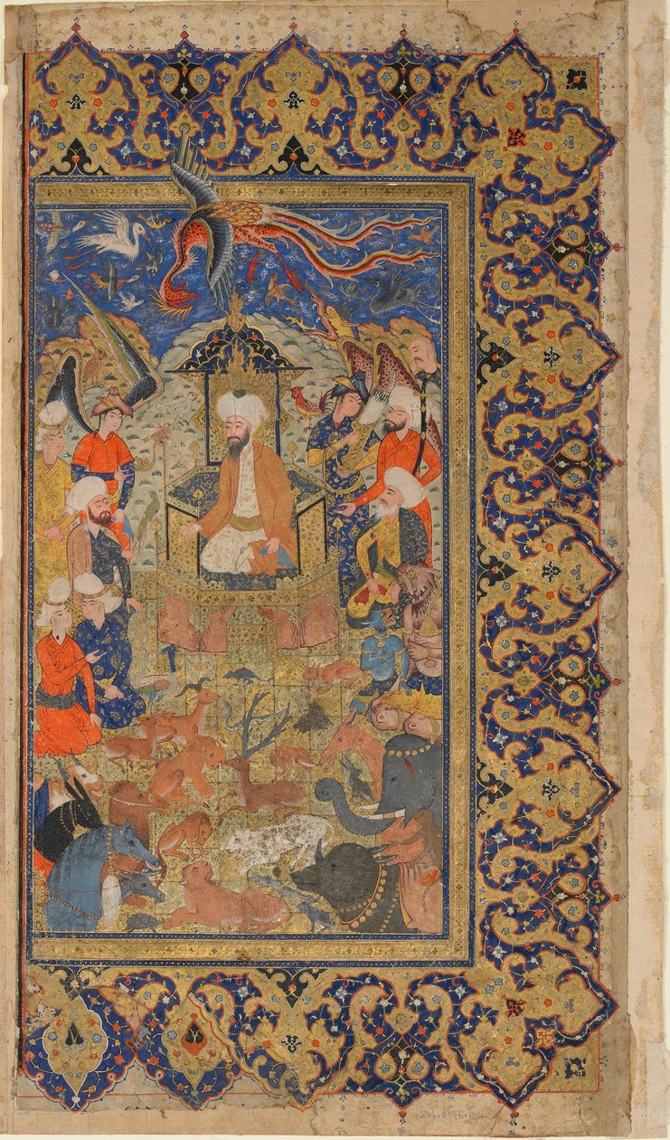 Folio z Shahnama (Księgi królów) Firdawsiego; odwrócona: Sulayman Inthroned, Shiraz, Fars, Iran, okres Safavid, ok. 1590-1600 (nieprzezroczysta akwarela, atrament i złoto na papierze) autorstwa Persian School