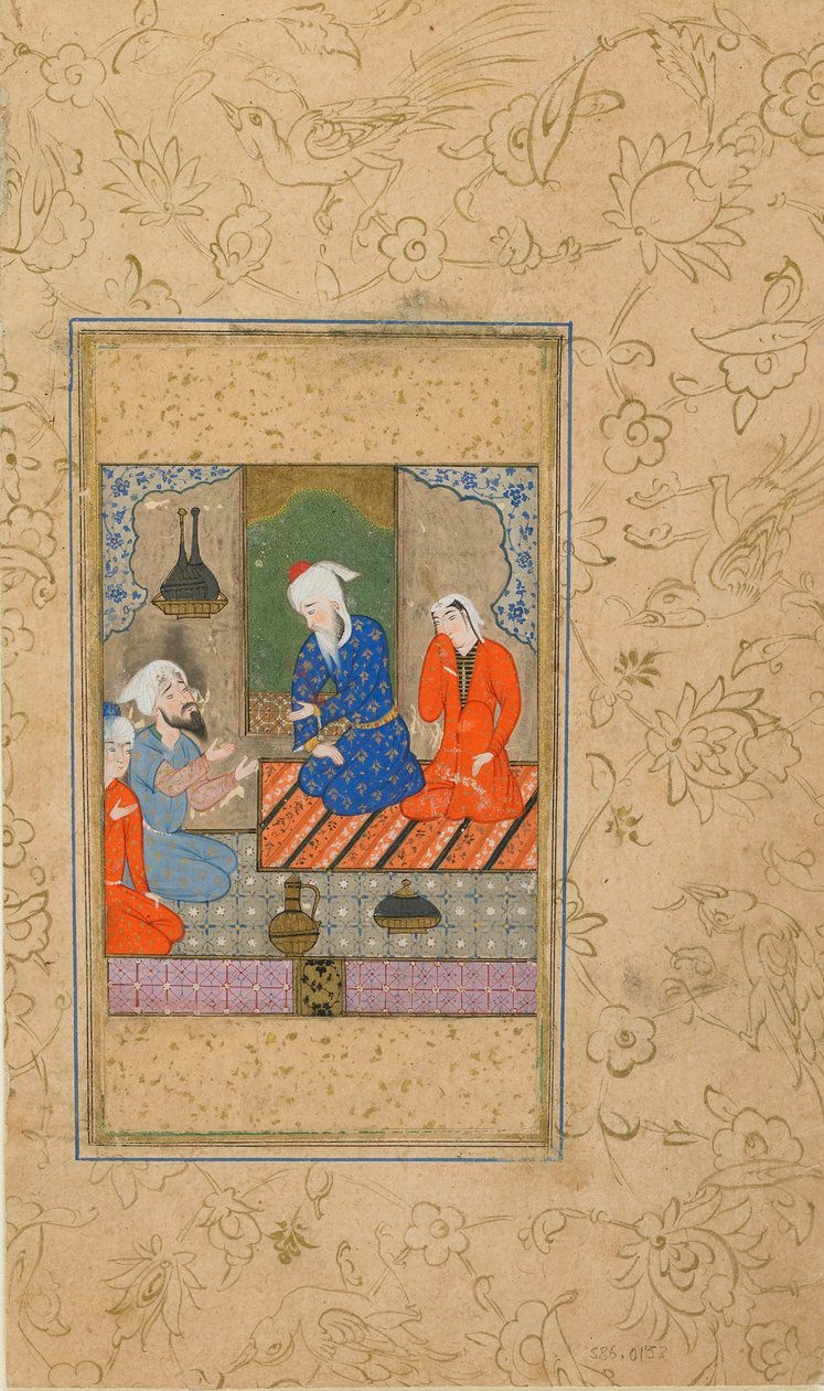 Folio z Yusuf u Zulaykha autorstwa Jami (zm. 1492); Zulaykha i starszy mężczyzna Posłuchaj rozmowy, prawdopodobnie Mashhad, Iran, ok. 1560-70 (nieprzezroczysta akwarela, atrament i złoto na papierze) autorstwa Persian School