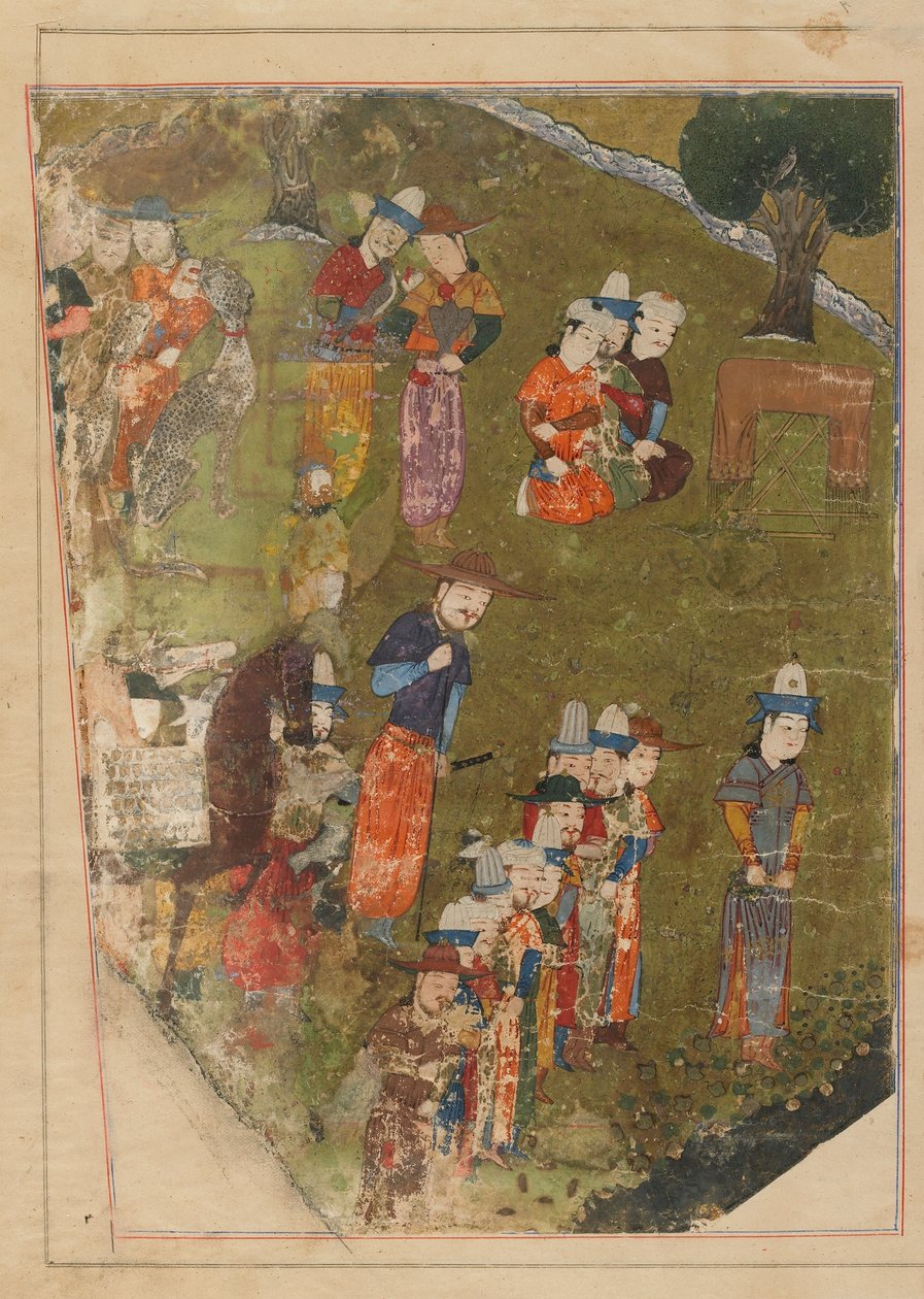 Folio z Zafarnamy; recto: Timur udziela audiencji z okazji wstąpienia na tron w Balch; odwrócona: tekst, Sziraz, Iran, okres Timurydów, 1436 (nieprzezroczysta akwarela, tusz i złoto na pa autorstwa Persian School