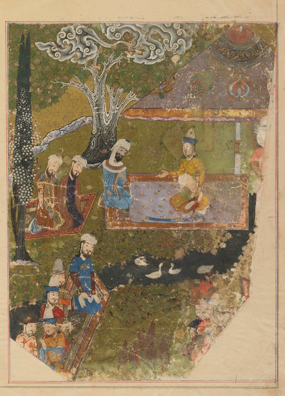 Folio z Zafarnamy; verso: Timur udziela audiencji z okazji wstąpienia na tron w Balch, Sziraz, Iran, okres Timurydów (nieprzezroczysta akwarela, atrament i złoto na papierze) autorstwa Persian School