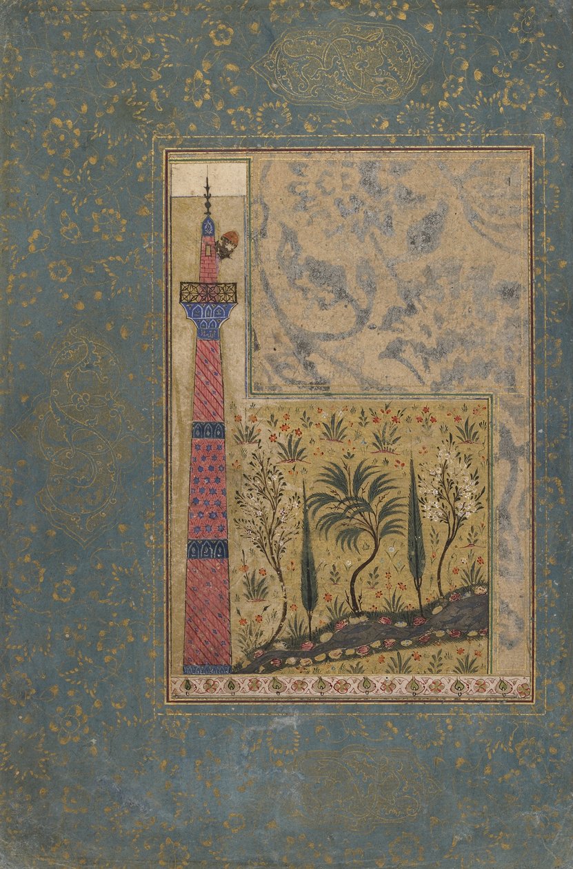 Folio z antologii; Człowiek na szczycie minaretu, Iran, 1417-18 (nieprzezroczysta akwarela i złoto na papierze) autorstwa Persian School