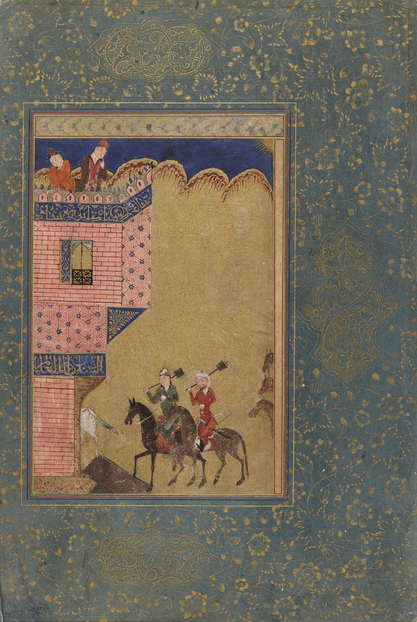 Folio z antologii; Dwóch jeźdźców niosących maczugi zbliża się do budynku, Iran, 1417-18 (nieprzezroczysta akwarela i złoto na papierze) autorstwa Persian School
