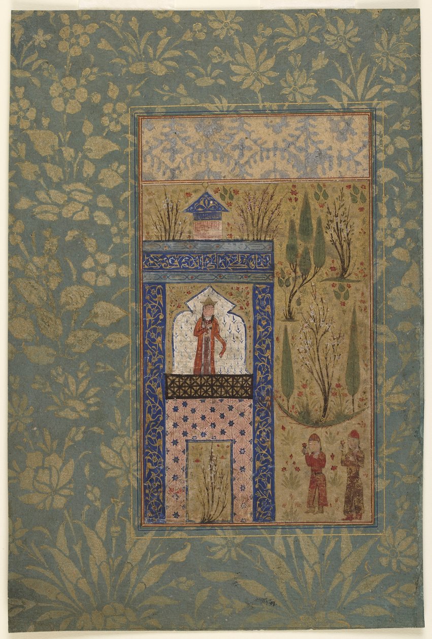 Folio z antologii; Dwóch młodzieńców przed księżniczką przy oknie, Iran, 1417-18 (nieprzezroczysta akwarela i złoto na papierze) autorstwa Persian School