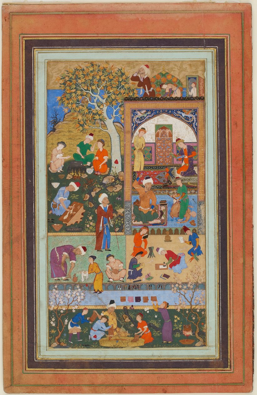 Folio z albumu; Scena szkolna, Tabriz, Iran, okres Safawidów, ok. 1540 (nieprzezroczysta akwarela, tusz i złoto na papierze) autorstwa Persian School