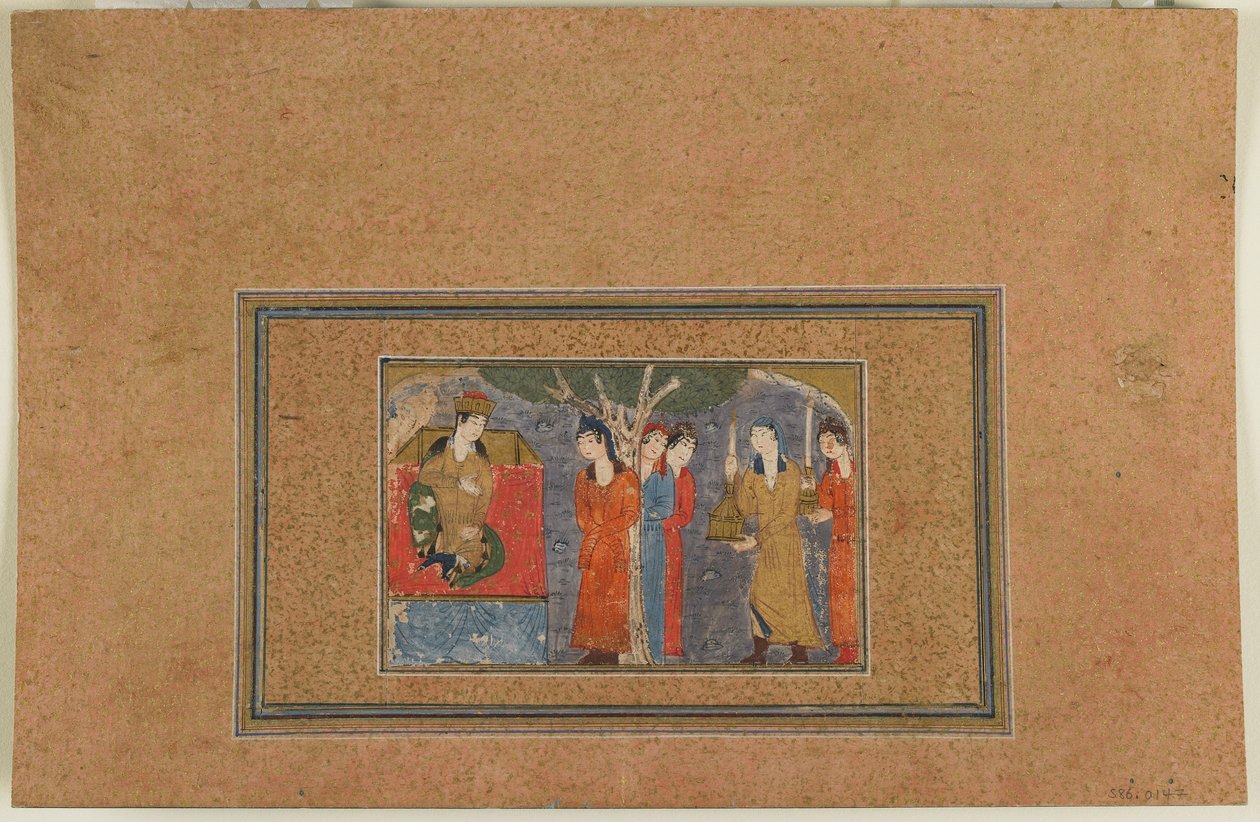 Folio z niezidentyfikowanego tekstu; Księżniczka na tronie, Iran, ok. 1440-50 (nieprzezroczysta akwarela, atrament i złoto na papierze) autorstwa Persian School