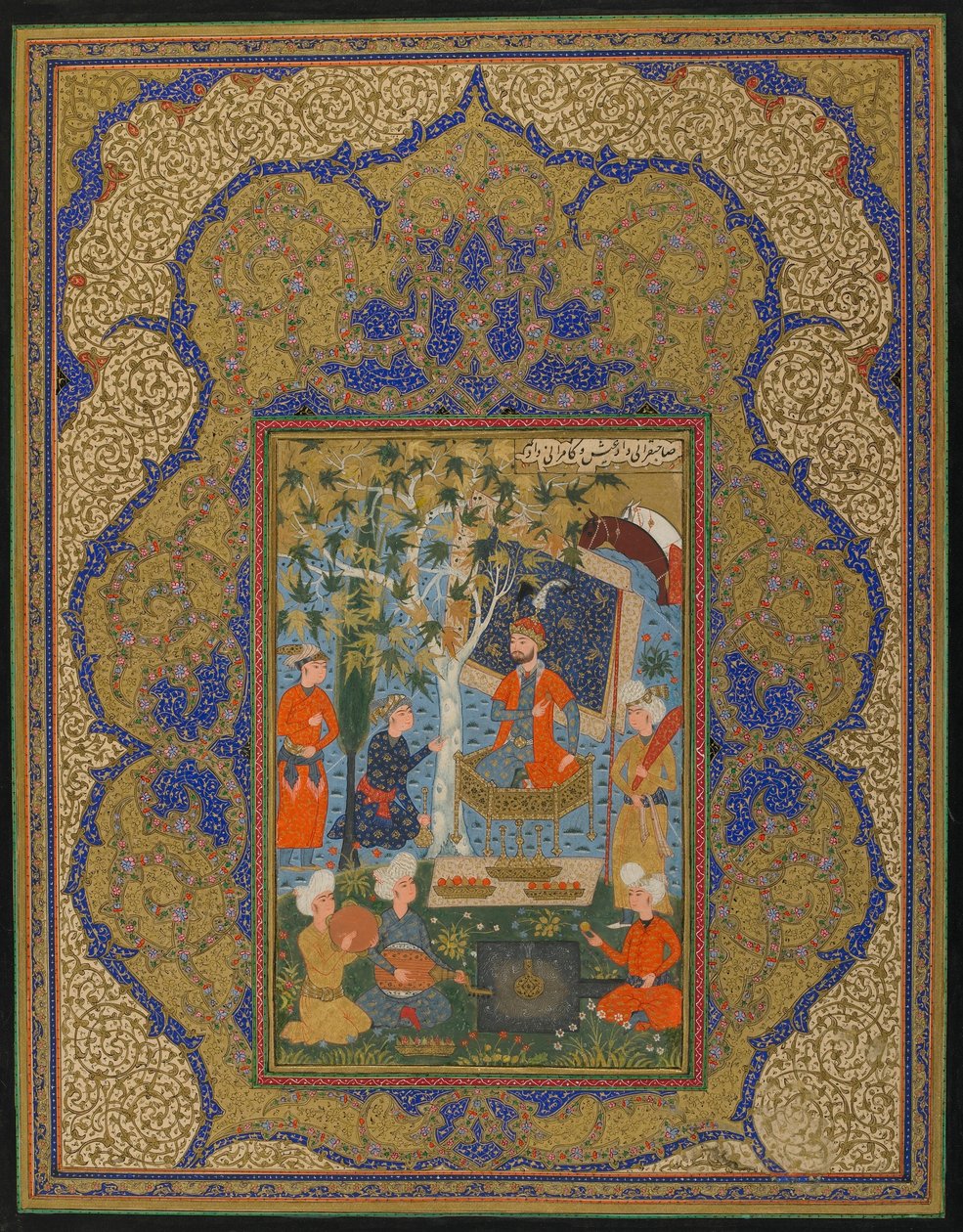 Folio z niezidentyfikowanego tekstu; Władca na tronie, prawdopodobnie Khurasan, Iran, ok. 1590 (nieprzezroczysta akwarela, atrament i złoto na papierze) autorstwa Persian School