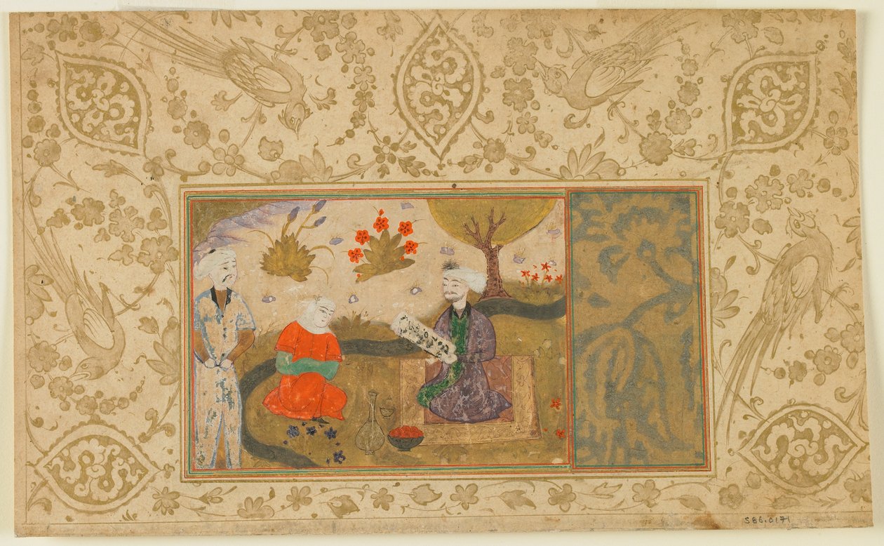Folio z niezidentyfikowanego tekstu; Kobieta rozmawia z siedzącym mężczyzną nad strumieniem, Iran, ok. 1500 (nieprzezroczysta akwarela, atrament i złoto na papierze) autorstwa Persian School