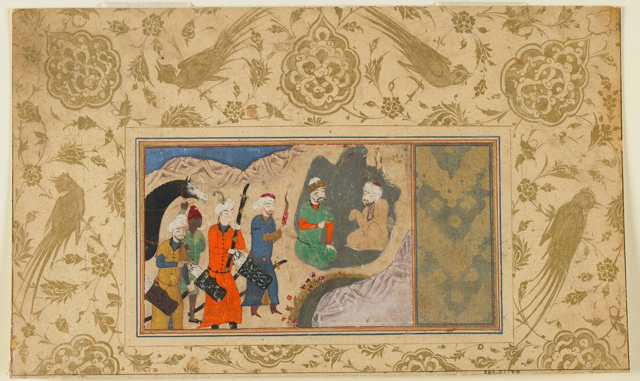 Folio z niezidentyfikowanego tekstu; Iskandar (?) Z wizytą u pustelnika, Iran, ok. 1500 (nieprzezroczysta akwarela, atrament i złoto na papierze) autorstwa Persian School