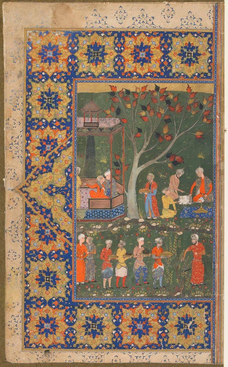 Folio z niezidentyfikowanego tekstu; recto: Przyjęcie w ogrodzie, Sziraz, Iran, ok. 1570 (nieprzezroczysta akwarela, tusz i złoto na papierze) autorstwa Persian School