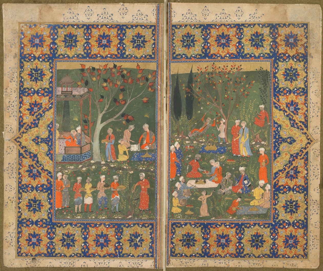 Folio z niezidentyfikowanego tekstu; verso: Przyjęcie w ogrodzie, Sziraz, Iran, ok. 1570 (nieprzezroczysta akwarela, tusz i złoto na papierze) autorstwa Persian School