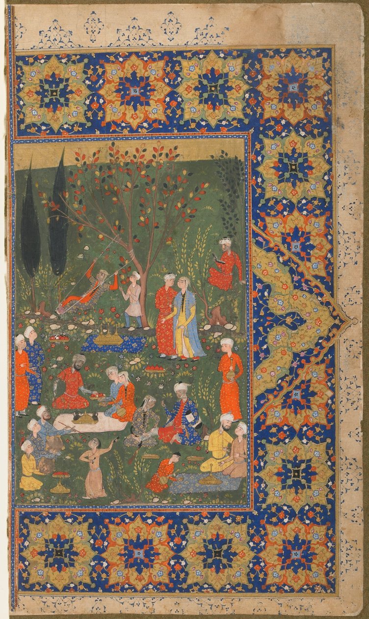 Folio z niezidentyfikowanego tekstu; verso: Przyjęcie w ogrodzie, Sziraz, Iran, ok. 1570 (nieprzezroczysta akwarela, tusz i złoto na papierze) autorstwa Persian School