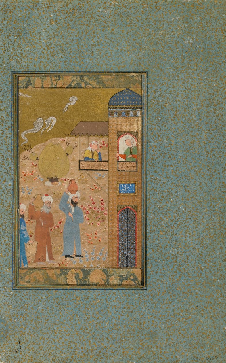Folio z niezidentyfikowanego tekstu; verso: Dwóch mężczyzn niosących dzbany zbliża się do budynku, Sziraz, Iran, ok. 1520 (nieprzezroczysta akwarela, atrament i złoto na papierze) autorstwa Persian School