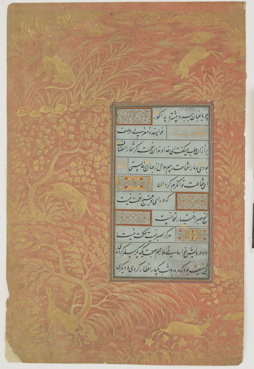 Folio z kaligrafii, Iran, dynastia Safawidów (atrament, nieprzezroczysta akwarela i złoto na papierze) autorstwa Persian School