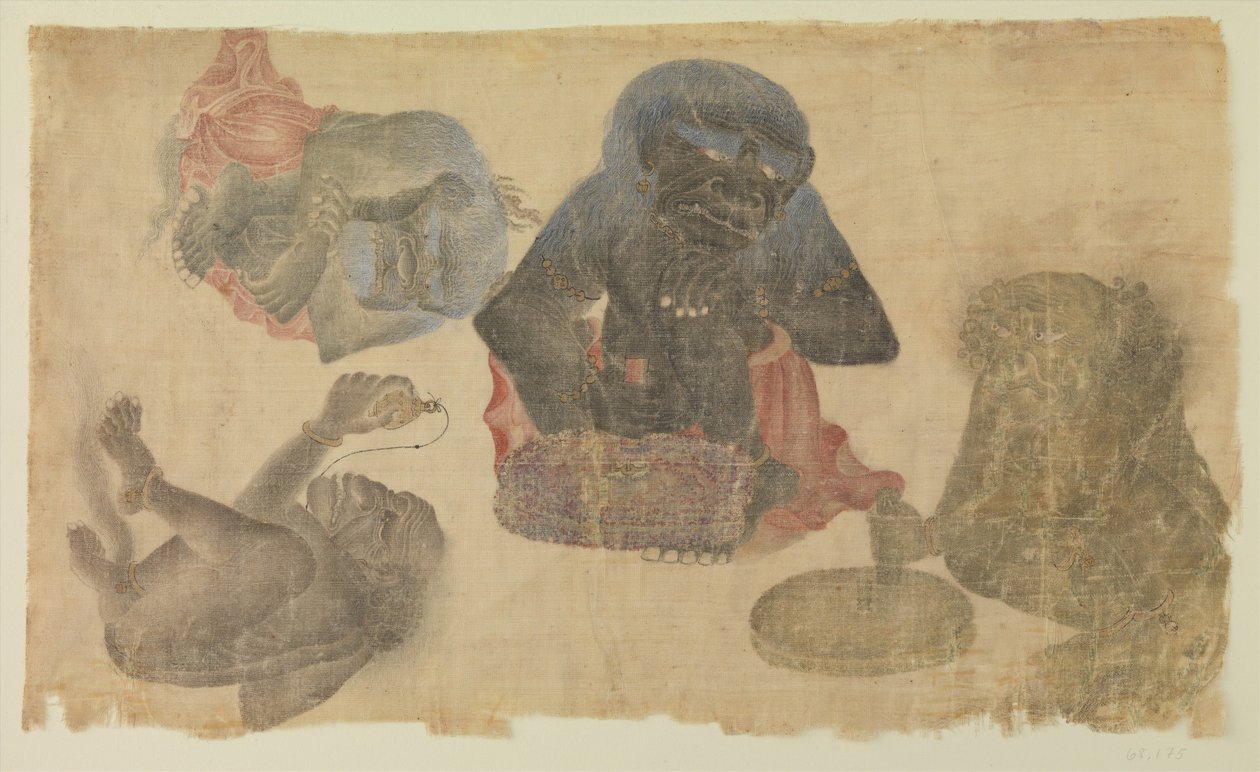 Cztery demony w niewoli, 1470-1500 (toaleta i złoto na jedwabiu) autorstwa Persian School