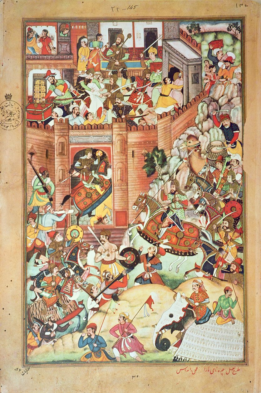 Czyngis-chan chwyta chińskie miasto, miniaturę z „Perskiej historii Czyngis-chana” ukończonej w 1596 roku autorstwa Persian School