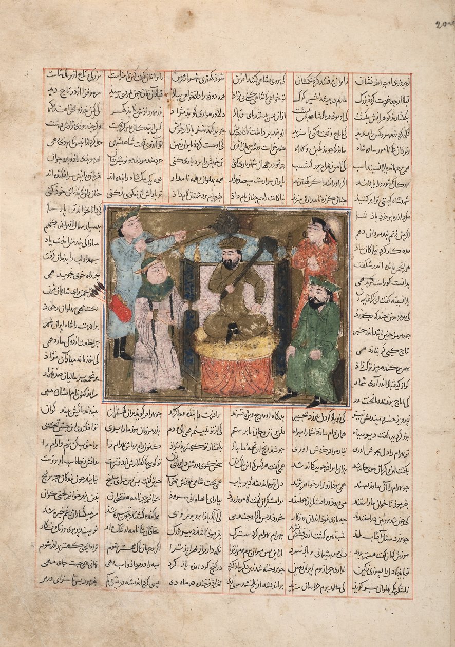 Gordiyeh radzi swojemu bratu Bahramowi Chubinehowi, aby nie aspirował do tronu perskiego, ok. 1330 (nieprzezroczysta toaleta, złoto i atrament na papierze) autorstwa Persian School