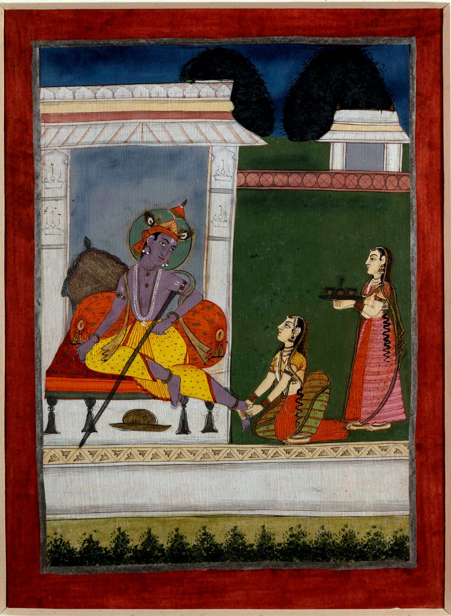 Hinduizm: „”Kryszna odpoczywa””” Kolejny matuje stopy. Perska miniatura szkoły indyjskiej z XVII wieku. Rennes, Muzeum Sztuk Pięknych autorstwa Persian School