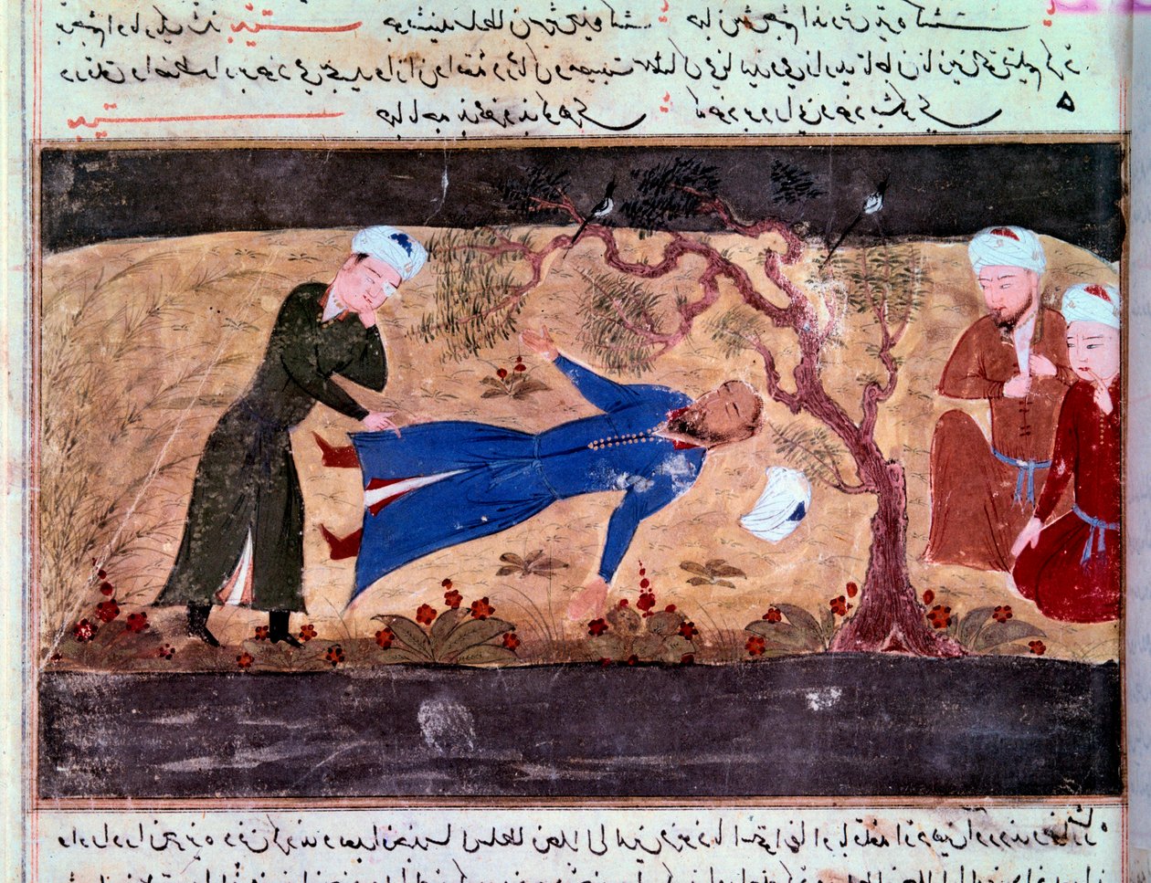 Historia Mongołów: Śmierć muhammada hwarazmshah. Rękopis „Suma historii (Djame al-tavarikh) (Djame al-tavarikh)” (Folio 60v) autorstwa Rachida al-Din Fazl-ollah (Fazl ollah) Hamadani autorstwa Persian School