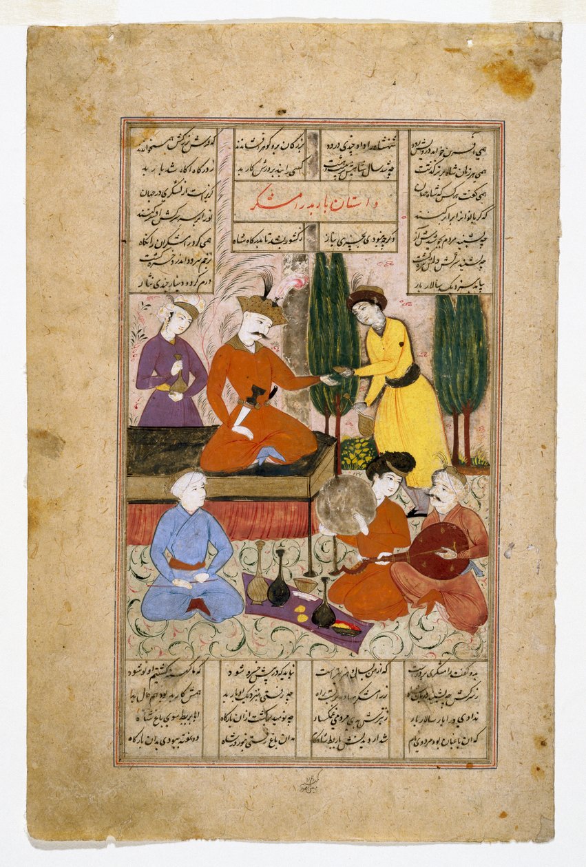 Ilustrowana strona z Szahnamy przedstawiająca Bahrama Gura siedzącego na tronie w otoczeniu dworzan w ogrodzie, koniec XVII w. (kolory quash na pergaminie) autorstwa Persian School