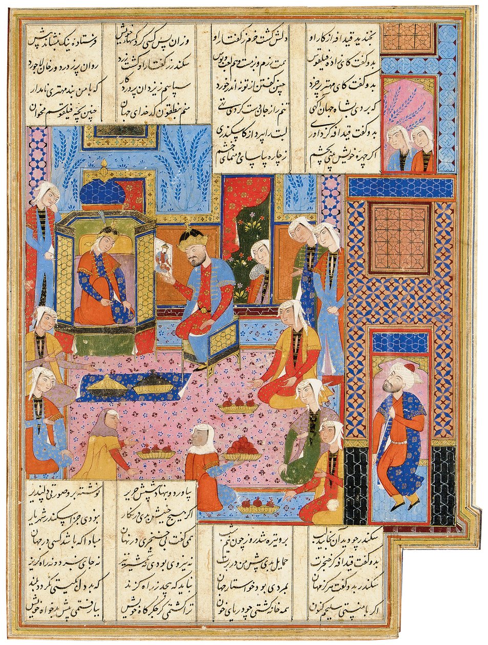 Ilustracja z Safavid Shahnama: Aleksander w przebraniu wysłannika rozpoznany przez królową Nushabę, Sziraz, Iran, 1650-1700 autorstwa Persian School