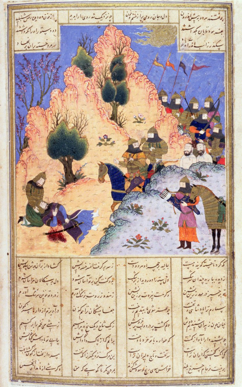 Iskandar Comforting the Dying Dara, z Firdawsis Shanaman, ok. 1440-45 (pióro, atrament i toaleta na welinie) autorstwa Persian School