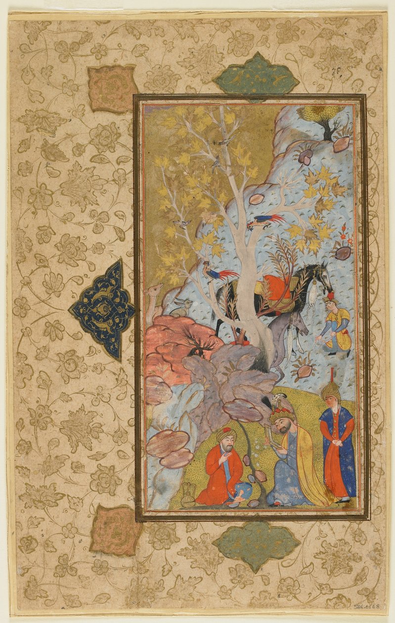 Iskandar odwiedza pustelnika, Sziraz, Iran, ok. 1580-1600 (nieprzezroczysta akwarela, atrament i złoto na papierze) autorstwa Persian School