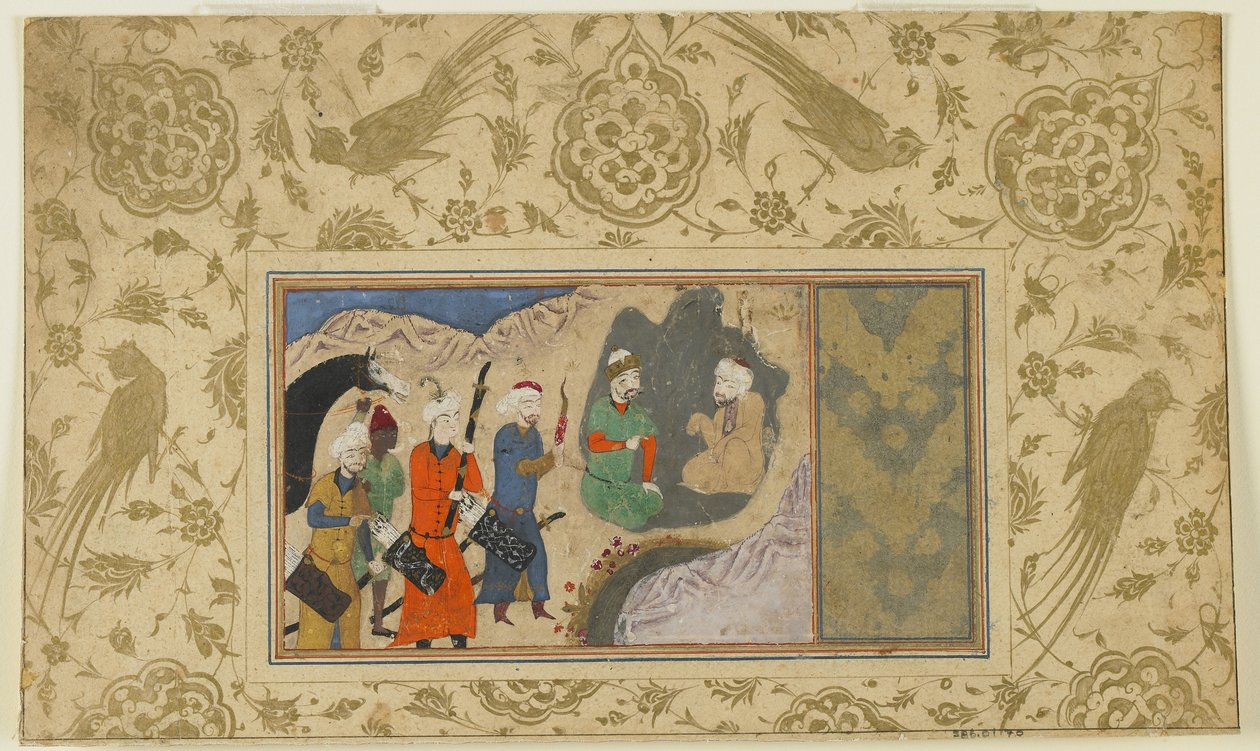 Iskandar odwiedza pustelnika, ok. 1500 (nieprzezroczysta akwarela, tusz i złoto na papierze) autorstwa Persian School