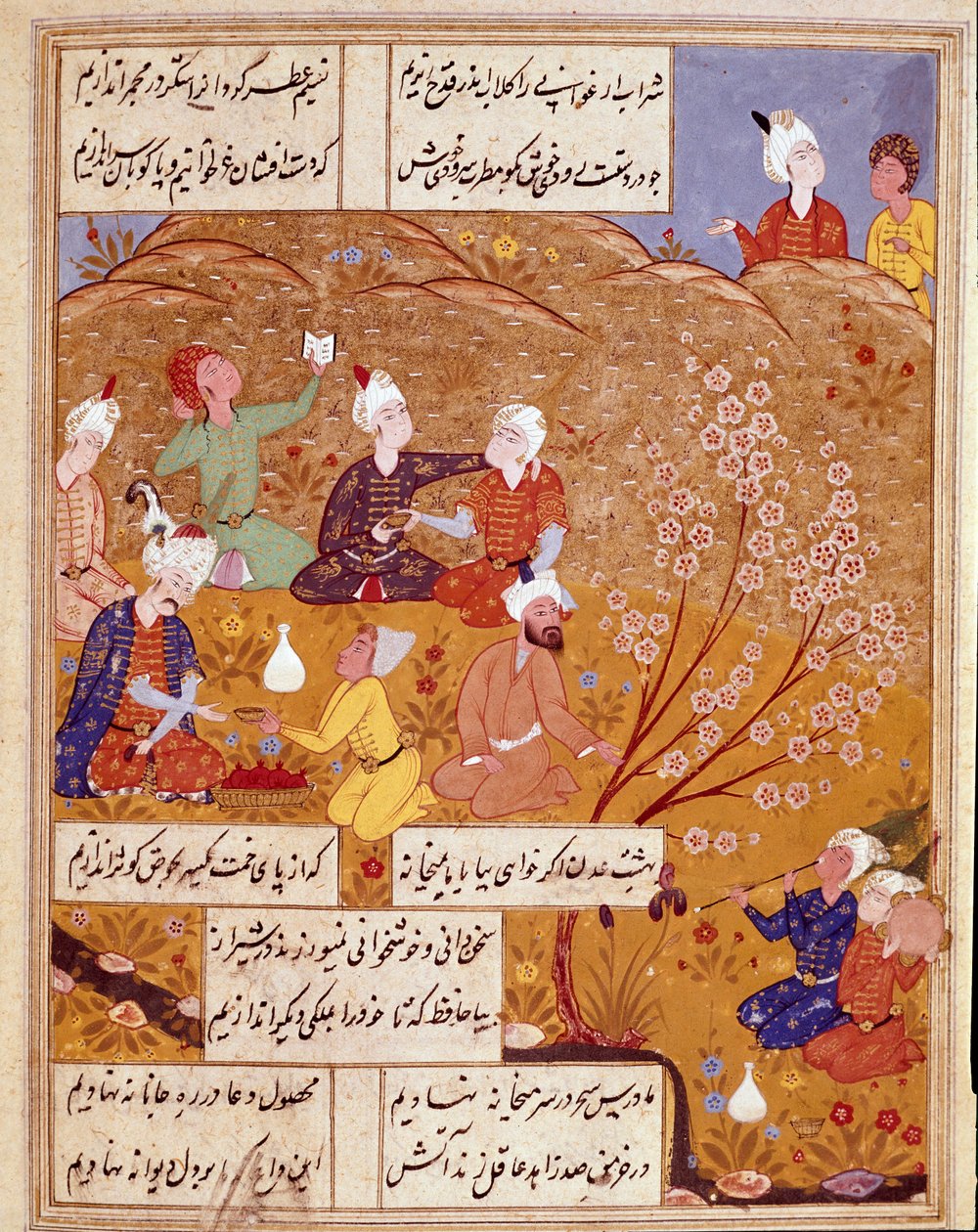 Sztuka islamu: „”Królewska przekąska do kraju”” Miniatura ilustrująca wiersze perskiego poety Hafeza (Hafiz Shirazi), rękopis perski. 1554 San Lorenzo de El Escorial, Biblioteka Królewska Klasztoru El Escorial, Madryt autorstwa Persian School