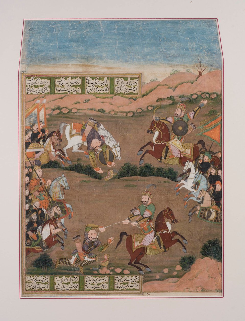 Kay-Khusrau strzela do Qara Khan, z Shahnama (gwasz na papierze, złota ozdoba) autorstwa Persian School