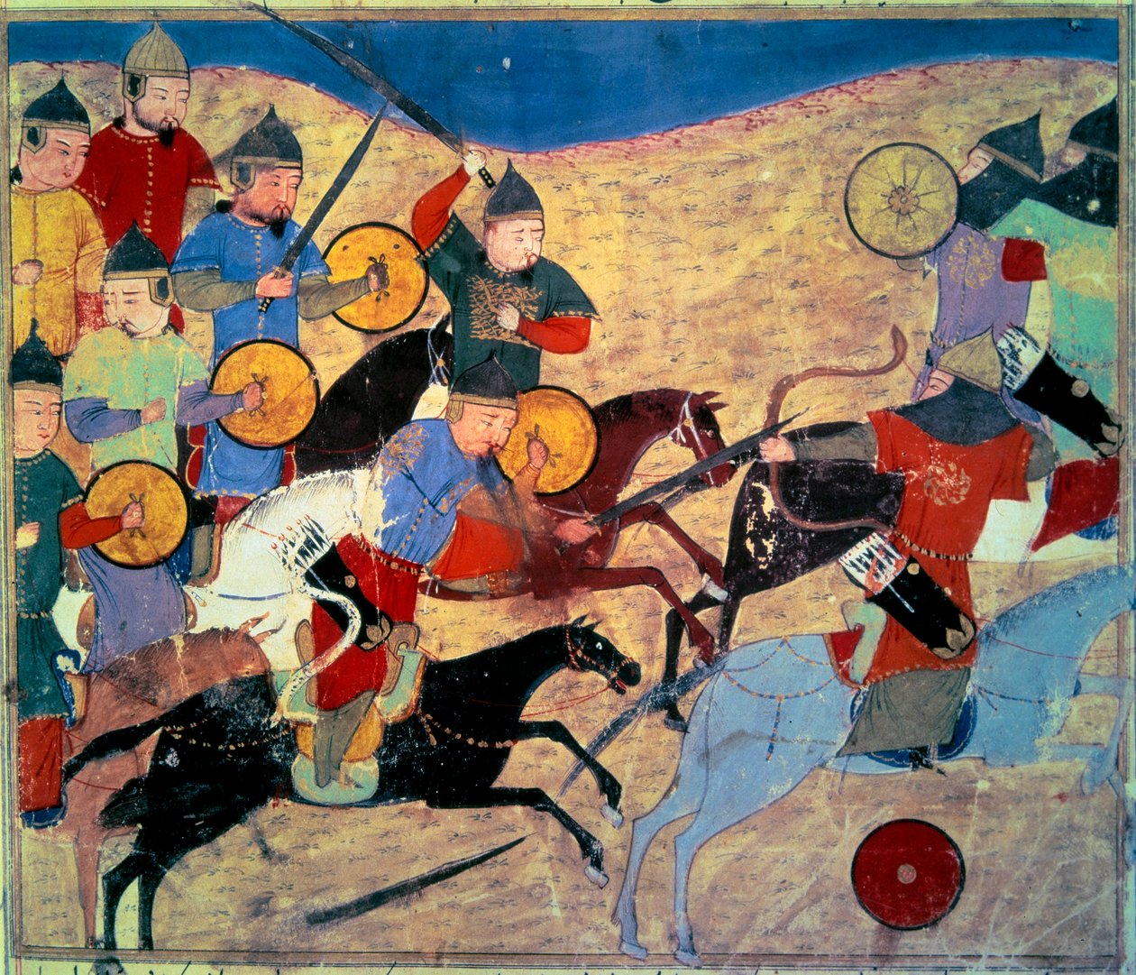 Wyciek Noqai (Kara Nogai Khan (Noghai, Noqai, Nokhai, Nogay, prawnuk Czyngis-chana, zm. 1299). Jeźdźcy mongolscy. Rękopis perski namalowany „Suma historii (Djame al-tavarikh) (Djame al-tavarikh)” ” (Folio 155v), napisany przez Rachida al-Din Fazl autorstwa Persian School