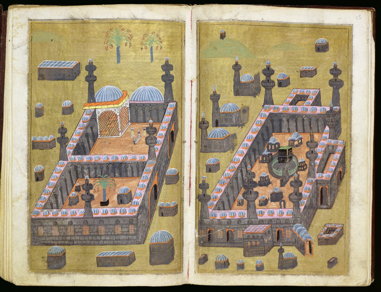 MS.343.f15v-16r Meczety w Medynie i Mekce, z „Powodów dla miłości”, Mustafa Al-Shukri, 1160 autorstwa Persian School