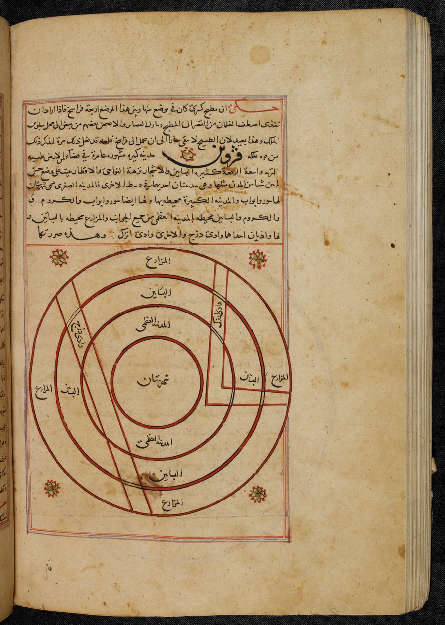 państwa członkowskie Or. 3623, fol. 119b Plan miasta Qazvin, ilustracja z „Cuda stworzenia”, autorstwa Zakarīyā ibn Muhammada al-Qazwīnī (atrament na papierze) autorstwa Persian School