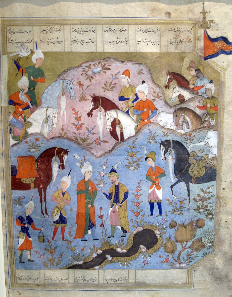 Spotkanie Siyarvush i Afrasiyab z Firdosi Shahnam, 1565-66 (gwasz ze złotym liściem na papierze) autorstwa Persian School