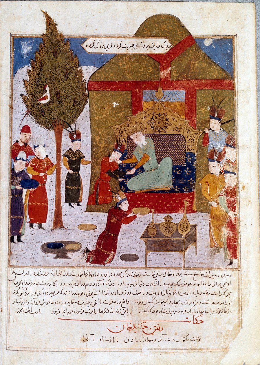 Mongolski cesarz Czyngis-chan (1167-1227) na tronie w obozie w pobliżu Ilmil z wnukami Quibalai i Hule Gu perską miniaturą zabraną z Jami al-Tawarikh (Jami al tawarikh) (Historia Imperium Mongolskiego) przez Raszida al-Dina ( al-Din) (B.1247-1318) autorstwa Persian School