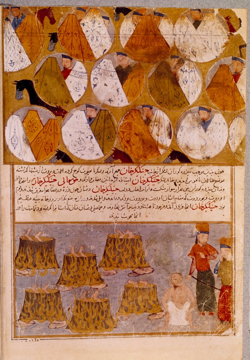Mongolskie namioty i więźniowie Czyngis-chana (1162-1227): Czyngis-chan ma wyznawców Djamuqua, Mongoła z plemienia Dżadżirat wrzuconych do kotłów. Perska miniatura zaczerpnięta z „”Jami al-tawarikh”” (Jami al tawarikh) lub „”Universal History”” autorstwa Persian School