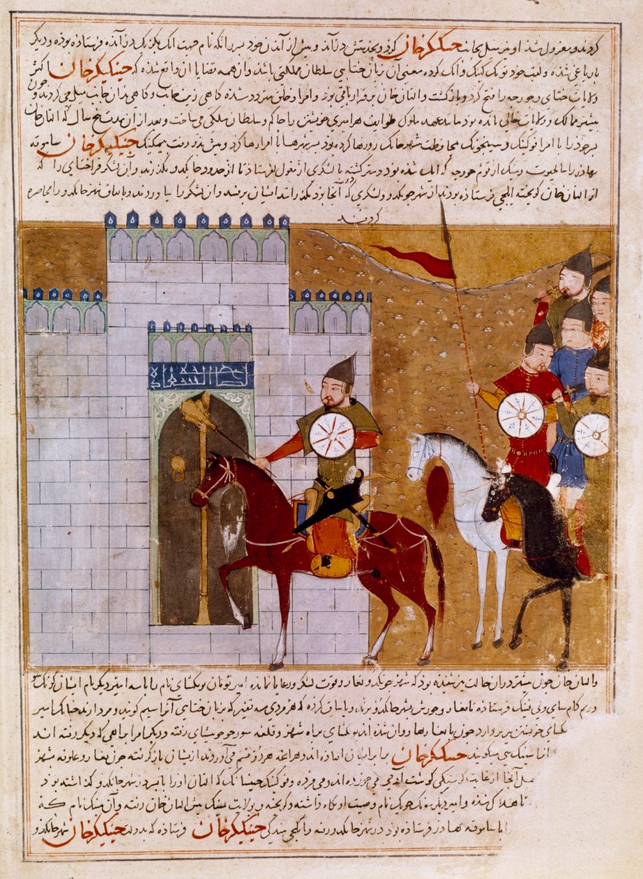 Mongołowie oblegający perską miniaturową fortecę zaczerpniętą z „”Jami al-tawarikh”” (Jami al-tawarikh) lub „”Universal History”” przez historyka Rashida al-dina (al din) (1247-1318) Około 1430 Paryż, B.N. autorstwa Persian School
