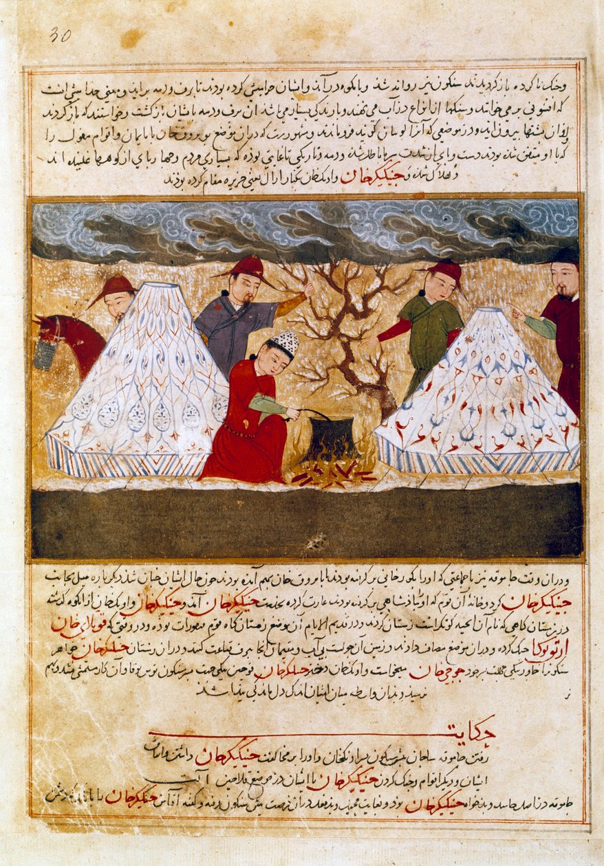 Mongołowie gotują perską miniaturę zaczerpniętą z „Jami al-tawarikh” (Jami al-tawarikh) lub „Historia uniwersalna” autorstwa historyka Rashida al-dina (al din) (1247-1318) Około 1430 r. Paryż, B.N. autorstwa Persian School