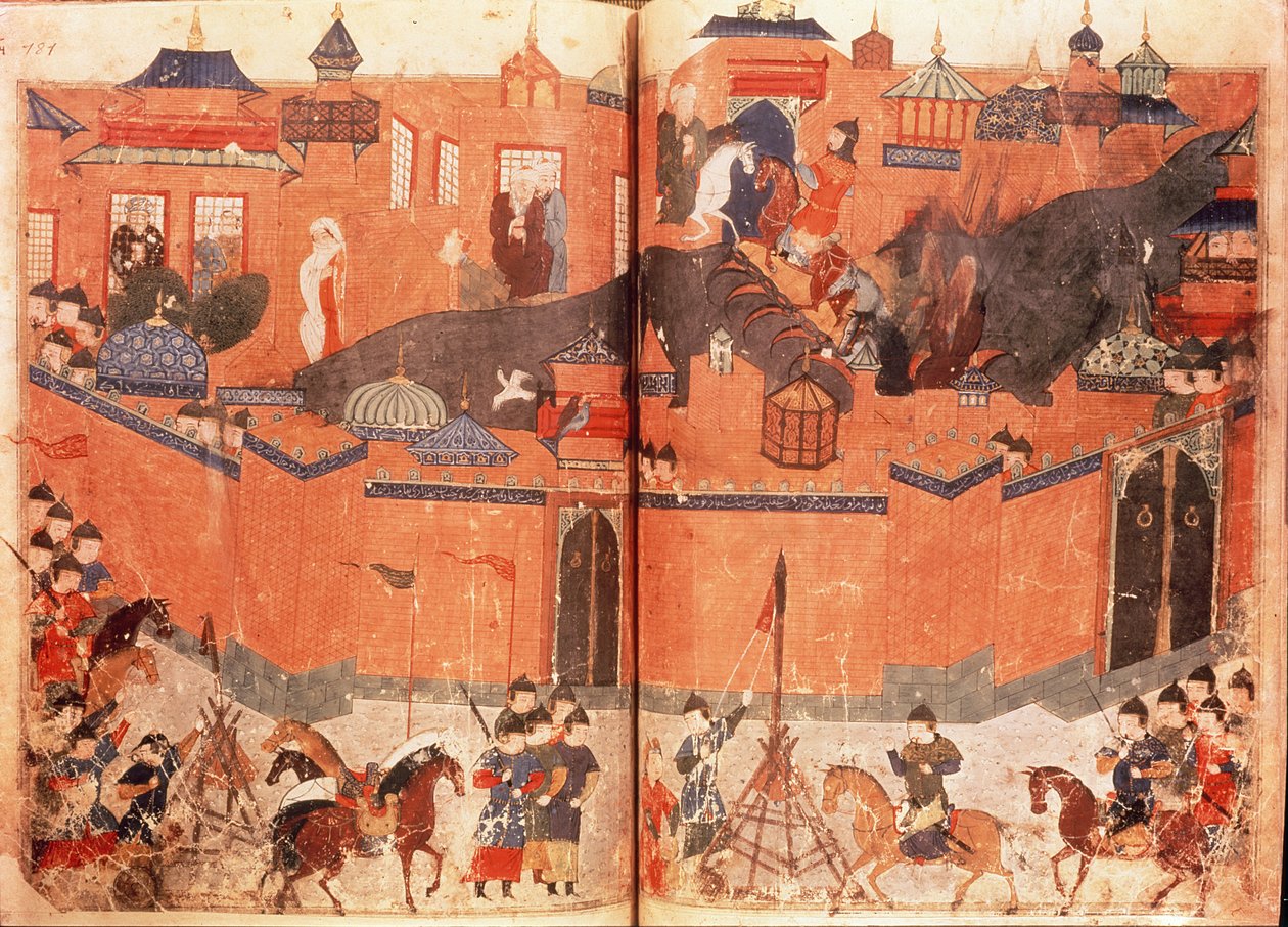 Ms.Sup.Pers.1113.f.180v-181 Mongołowie pod wodzą Hulagu Khana szturmują i zdobywają Bagdad w 1258 r., z książki Rashida al-Dina (1247-1318) (welin) autorstwa Persian School
